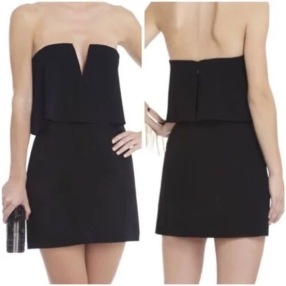 BCBGMaxAzria Black Kate Strapless Mini Dress Layered with V Cut